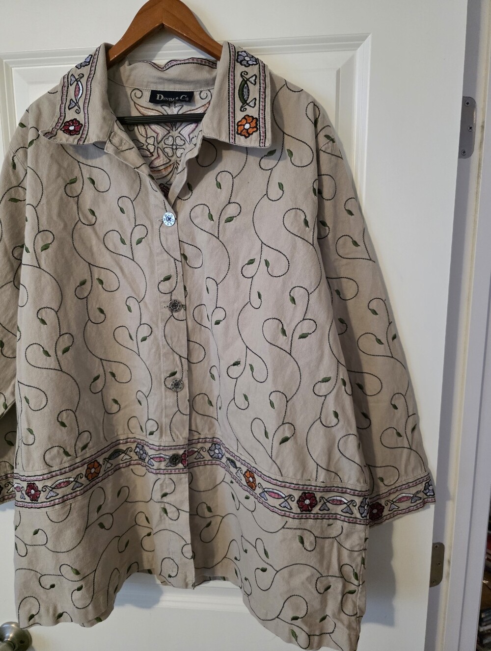 Vintage Denim & Co Embroidered Denim Jacket Tan Floral W 2X Boho Western Chic